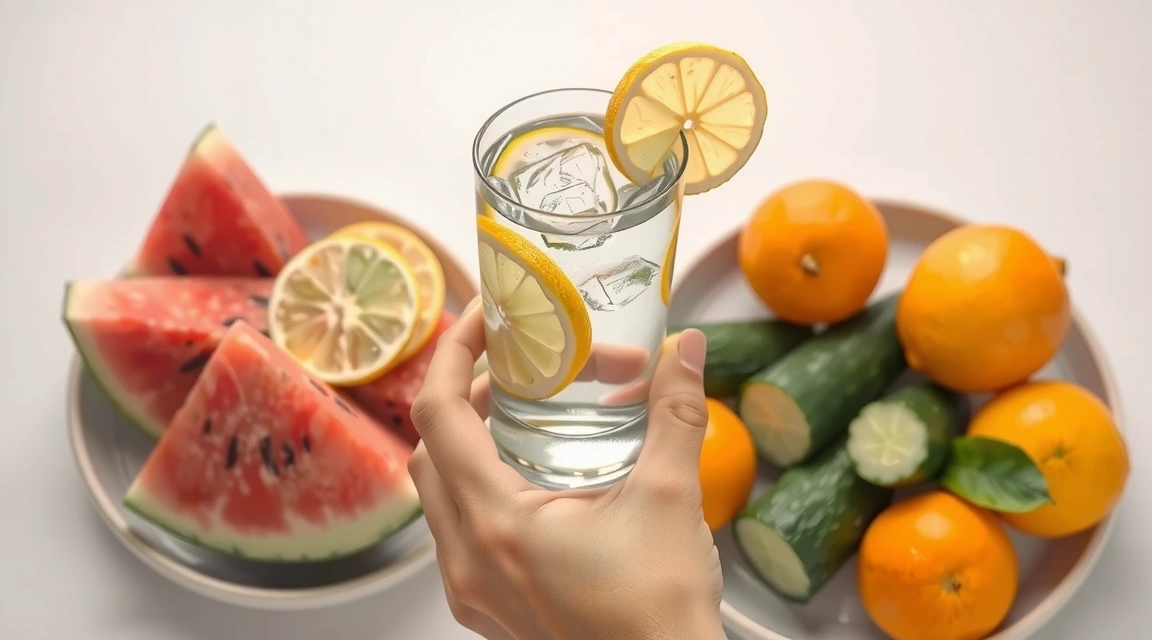 A hand holding a glass of water with lemon slices, next to a bowl of fresh hydrating fruits.