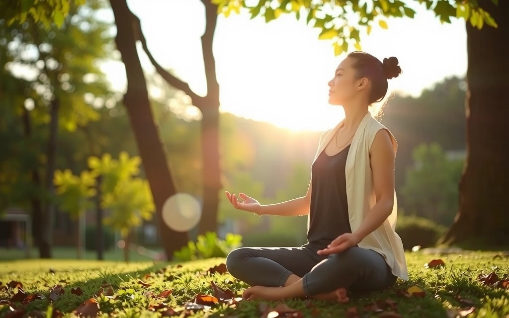 A person meditating peacefully in a serene natural setting.
