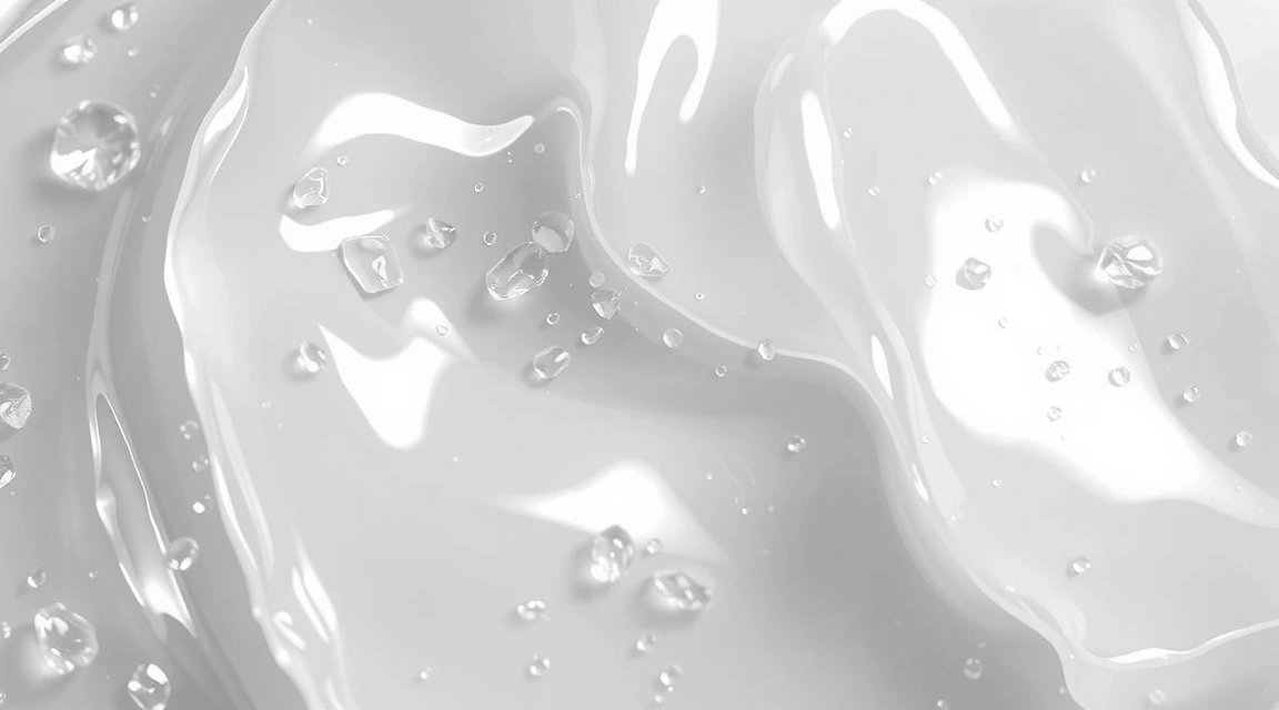 A close-up of a clear gel texture, representing hyaluronic acid serum, with tiny water droplets.