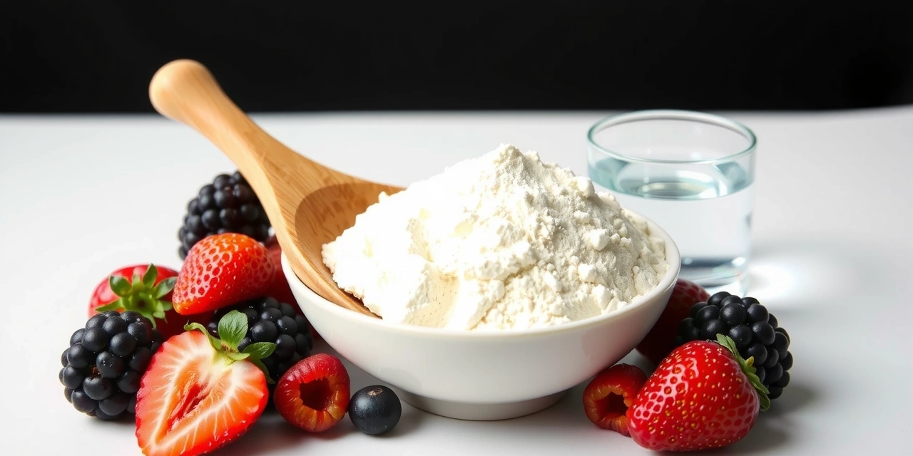 Collagen peptides powder with a scoop, symbolizing dietary collagen supplements for skin health.