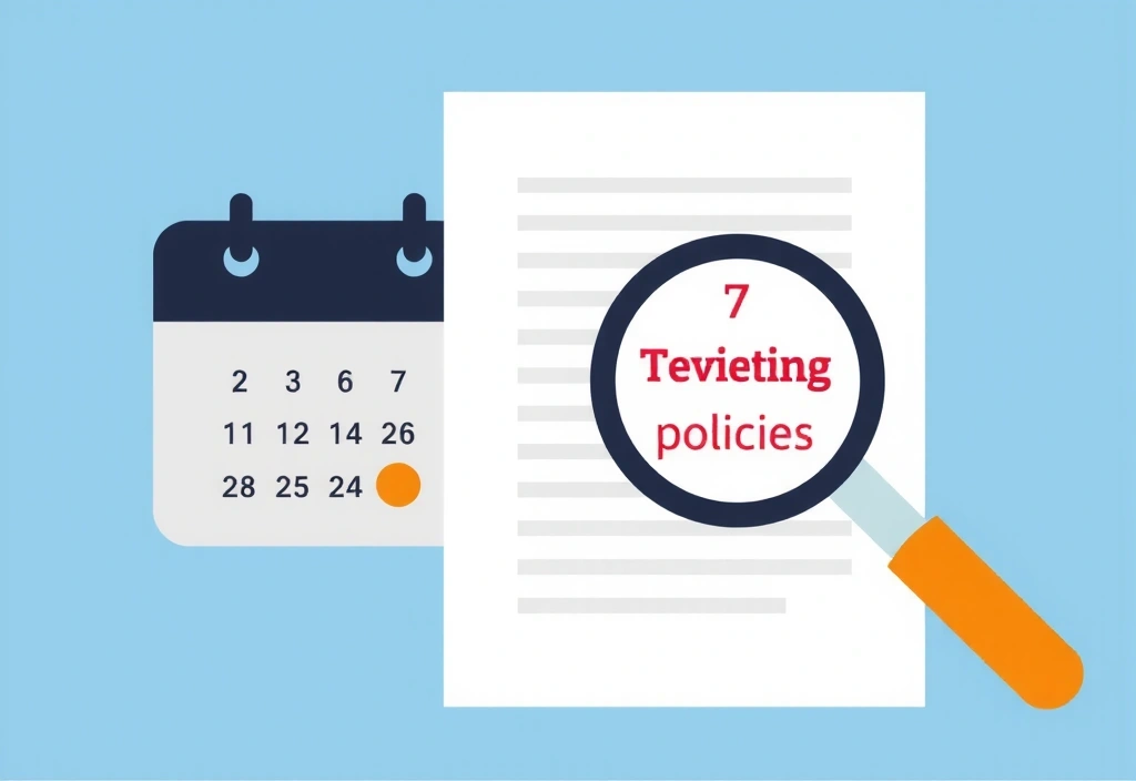 Illustration of a calendar with a highlighted date and a magnifying glass, symbolizing policy review and updates